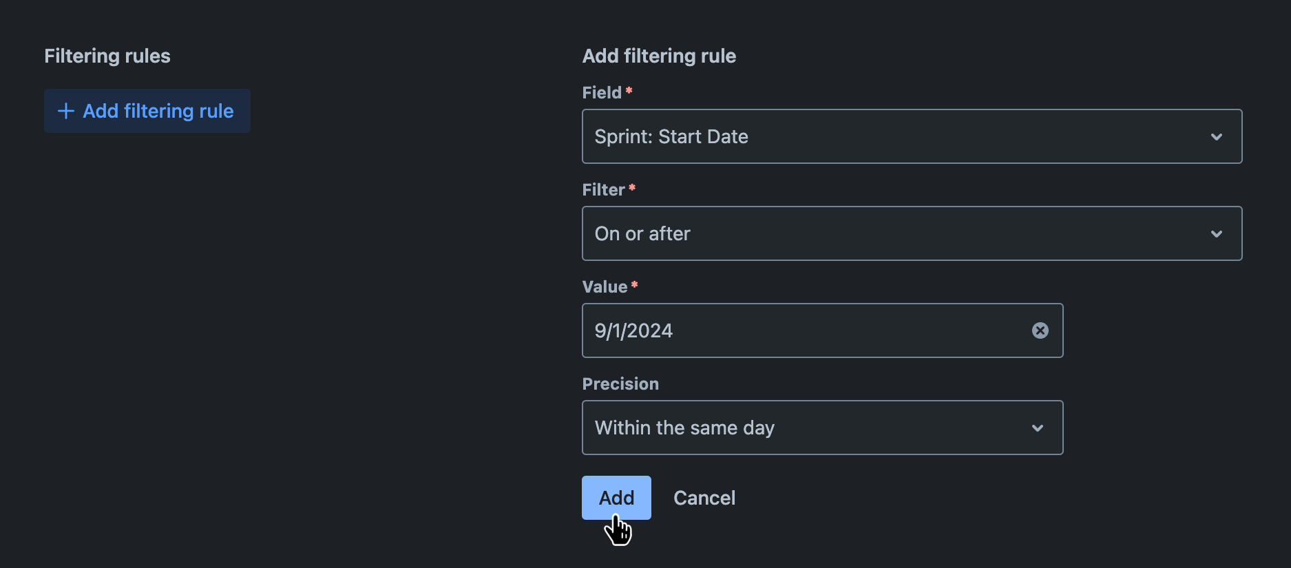 Filtering rules tab with a new filtering rule being added and the 'Add' button hovered