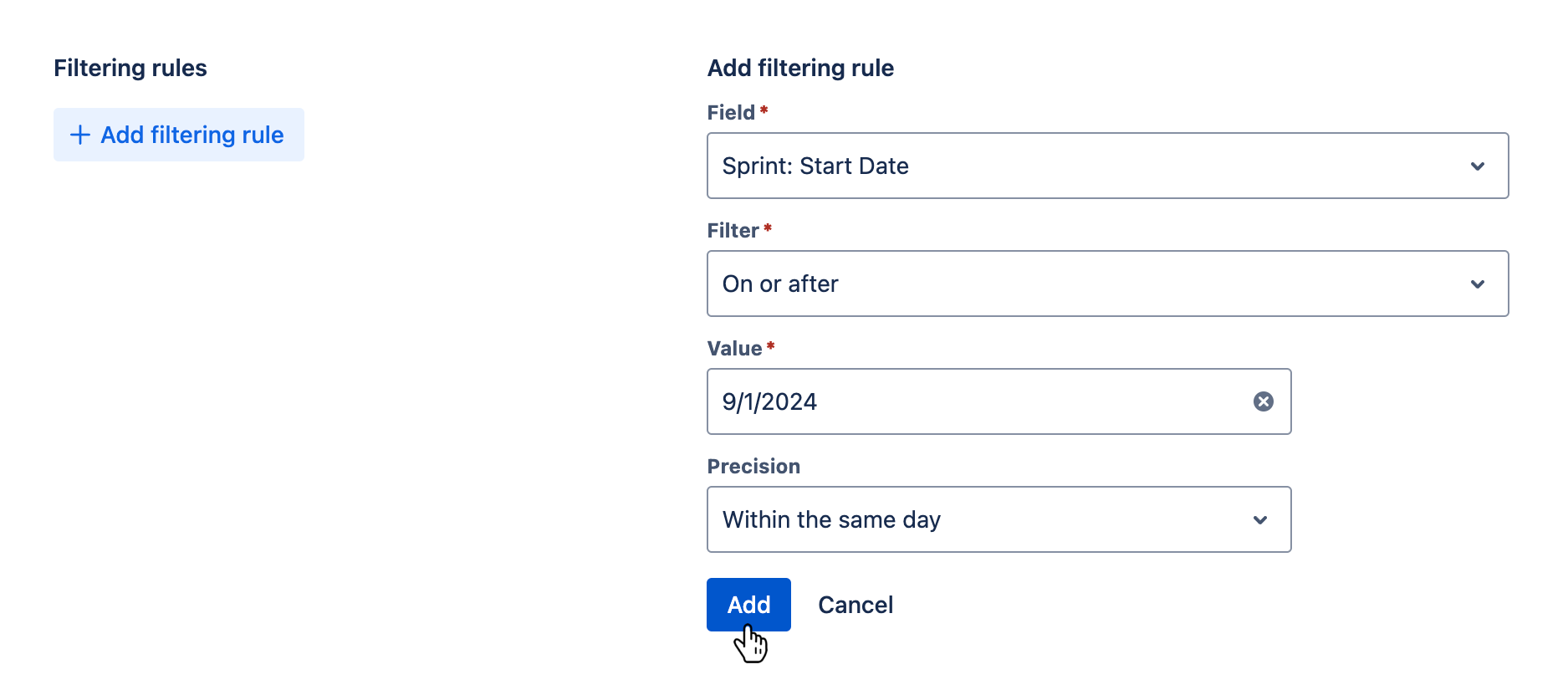 Filtering rules tab with a new filtering rule being added and the 'Add' button hovered