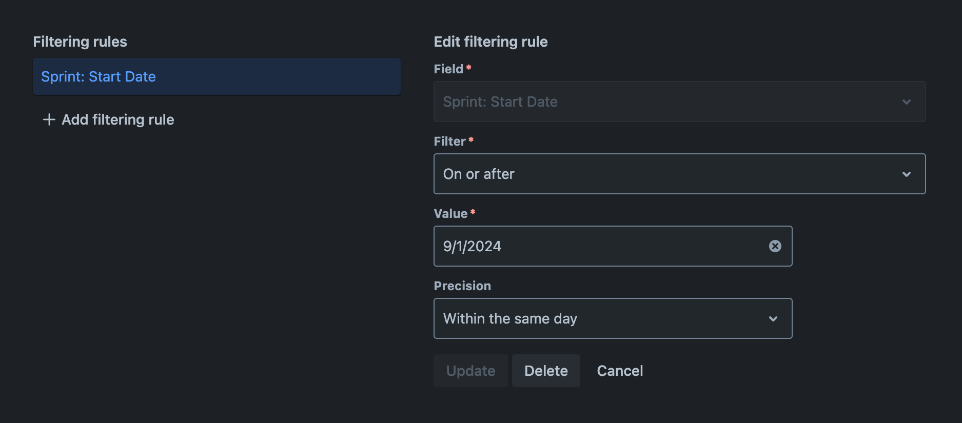 Filtering rules tab with a new filtering rule added and the new filtering rule's settings displayed for editing