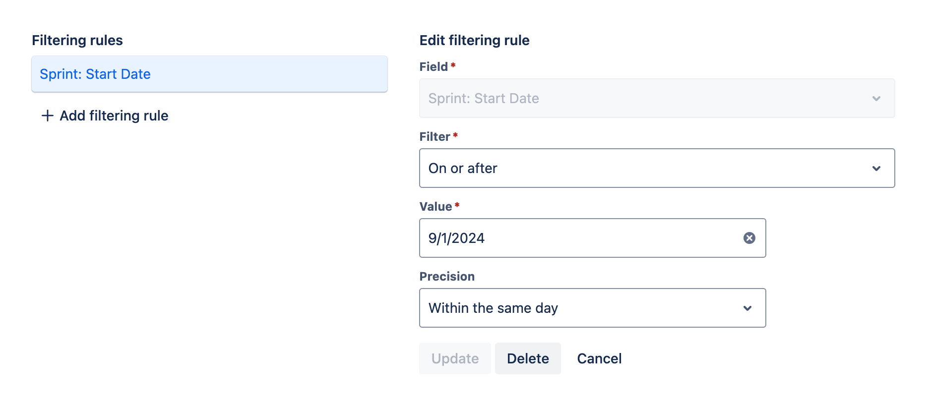 Filtering rules tab with a new filtering rule added and the new filtering rule's settings displayed for editing