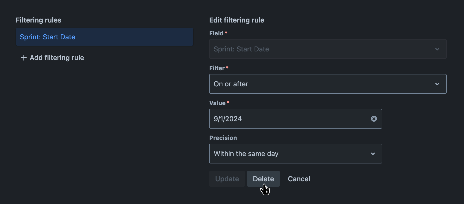 Filtering rules tab with an existing filtering rule being edited and the 'Delete' button hovered