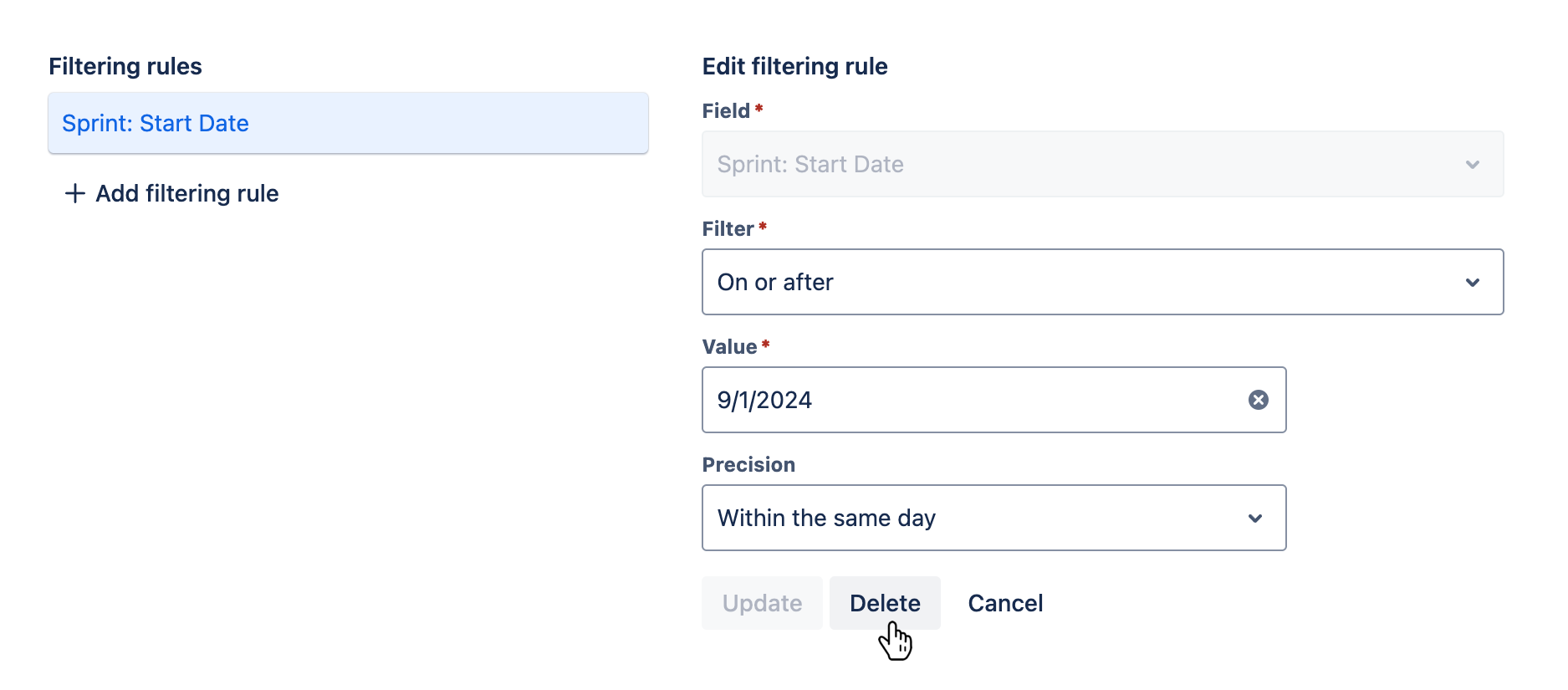 Filtering rules tab with an existing filtering rule being edited and the 'Delete' button hovered