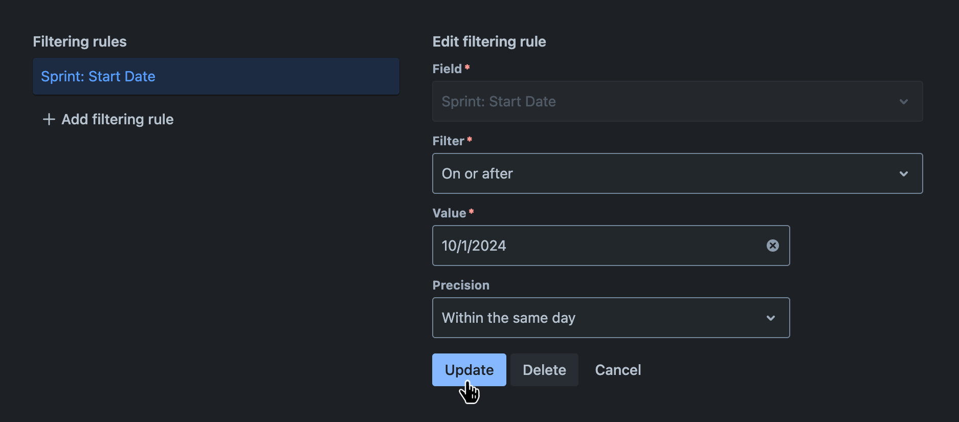 Filtering rules tab with an existing filtering rule being edited and the 'Update' button hovered