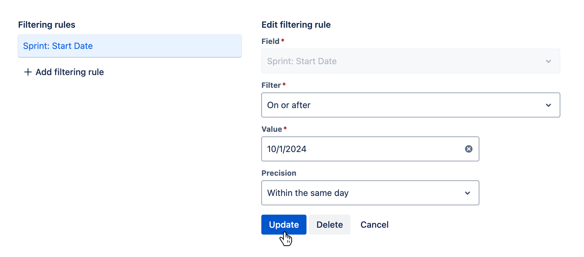 Filtering rules tab with an existing filtering rule being edited and the 'Update' button hovered