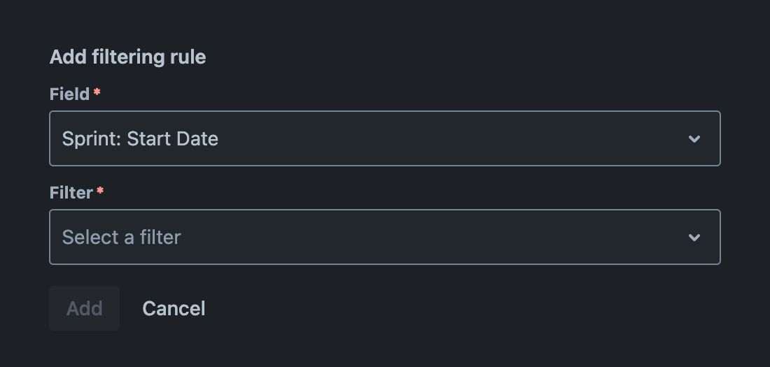 'Field' field with a field selected and the 'Filter' field visible