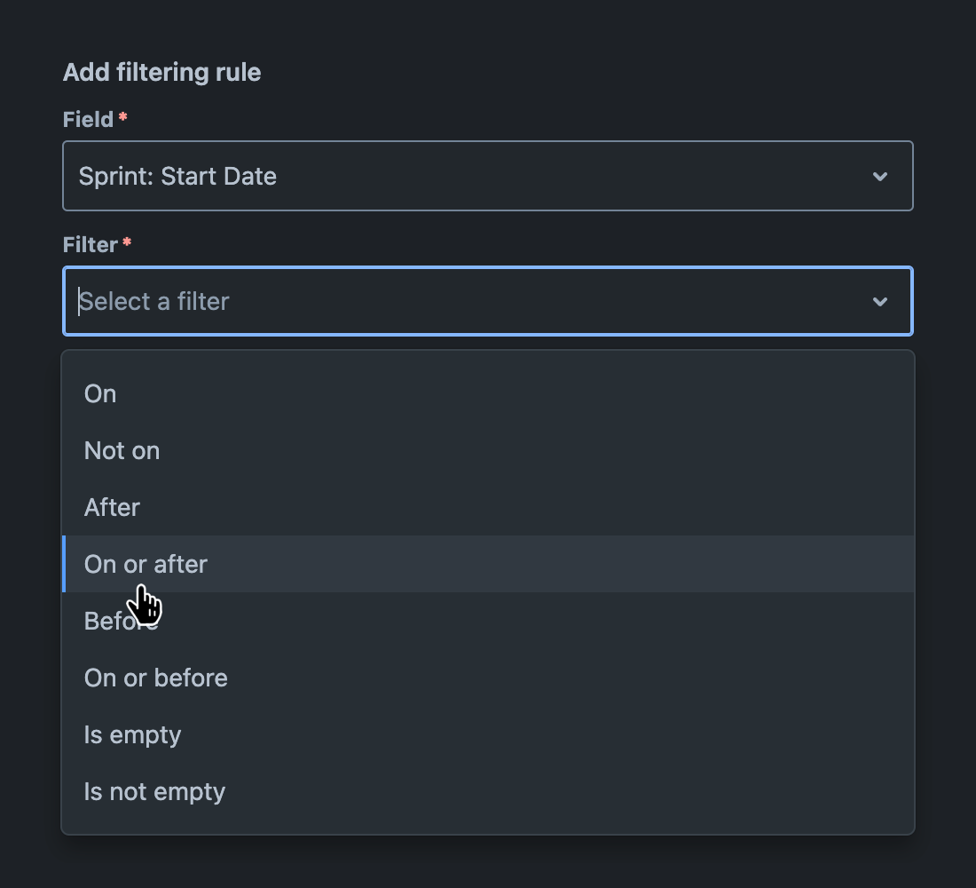 'Filter' field with dropdown menu open and a filter selected