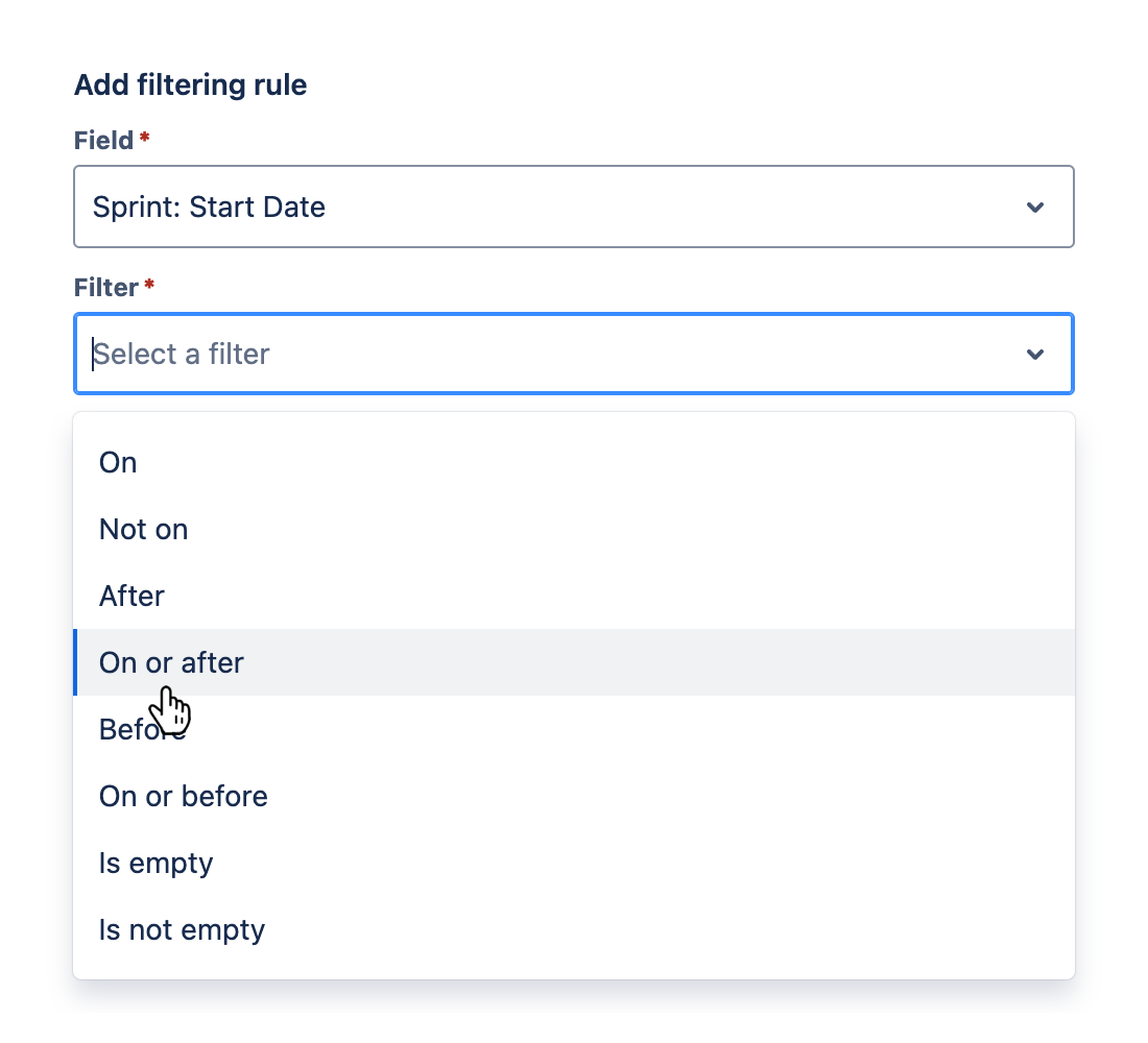 'Filter' field with dropdown menu open and a filter selected