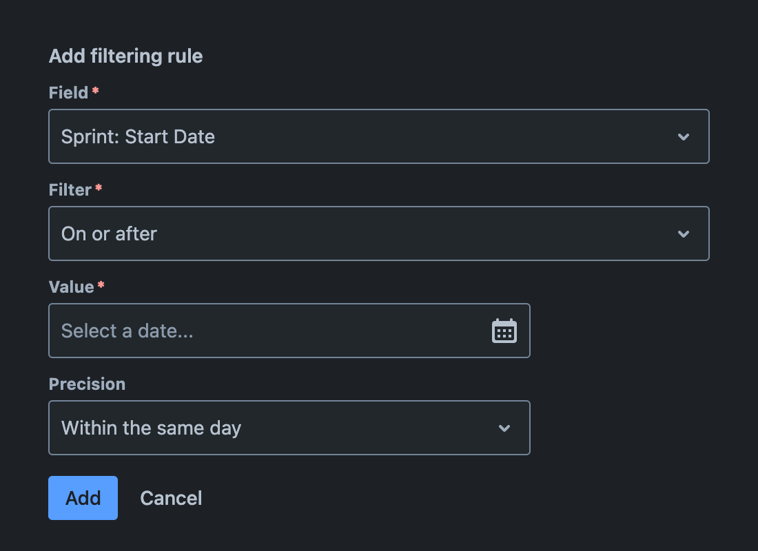 'Filter' field with a filter selected and the filter's parameters displayed