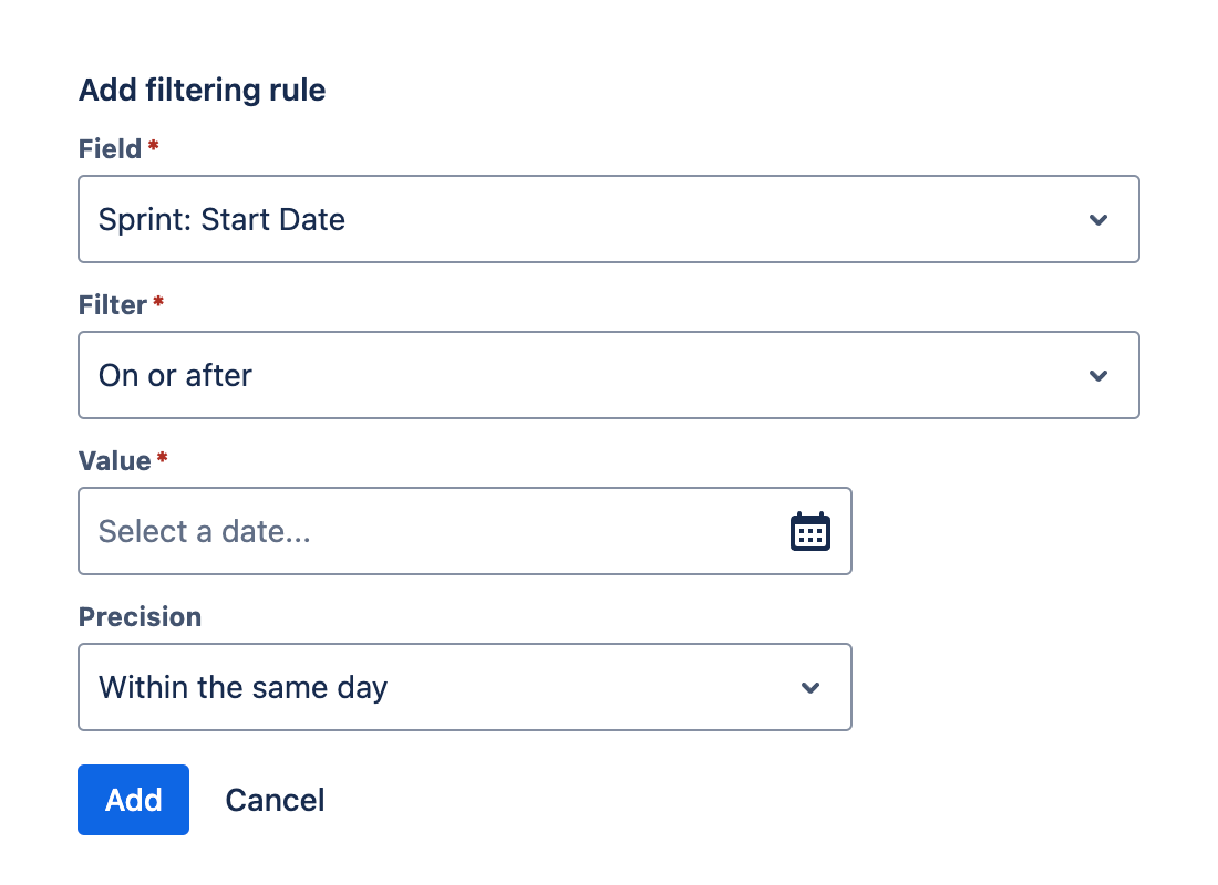 'Filter' field with a filter selected and the filter's parameters displayed