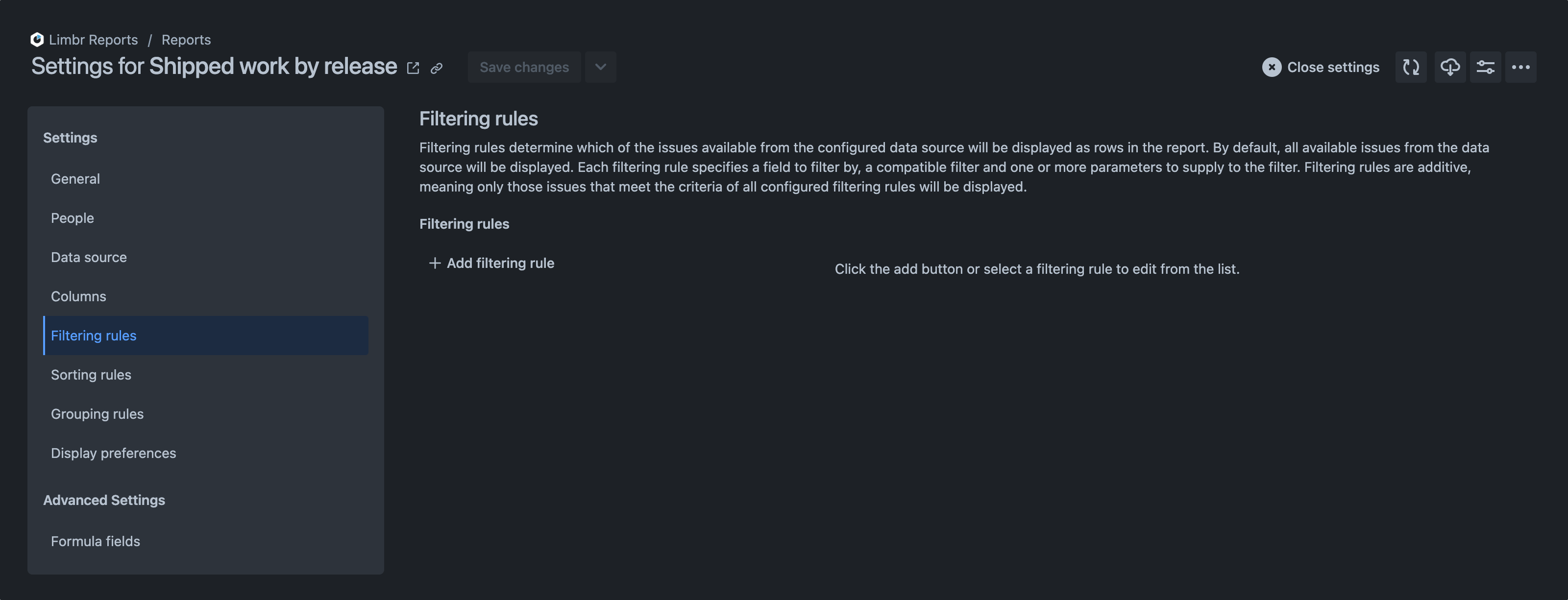 Settings pane with the 'Filtering rules' tab selected