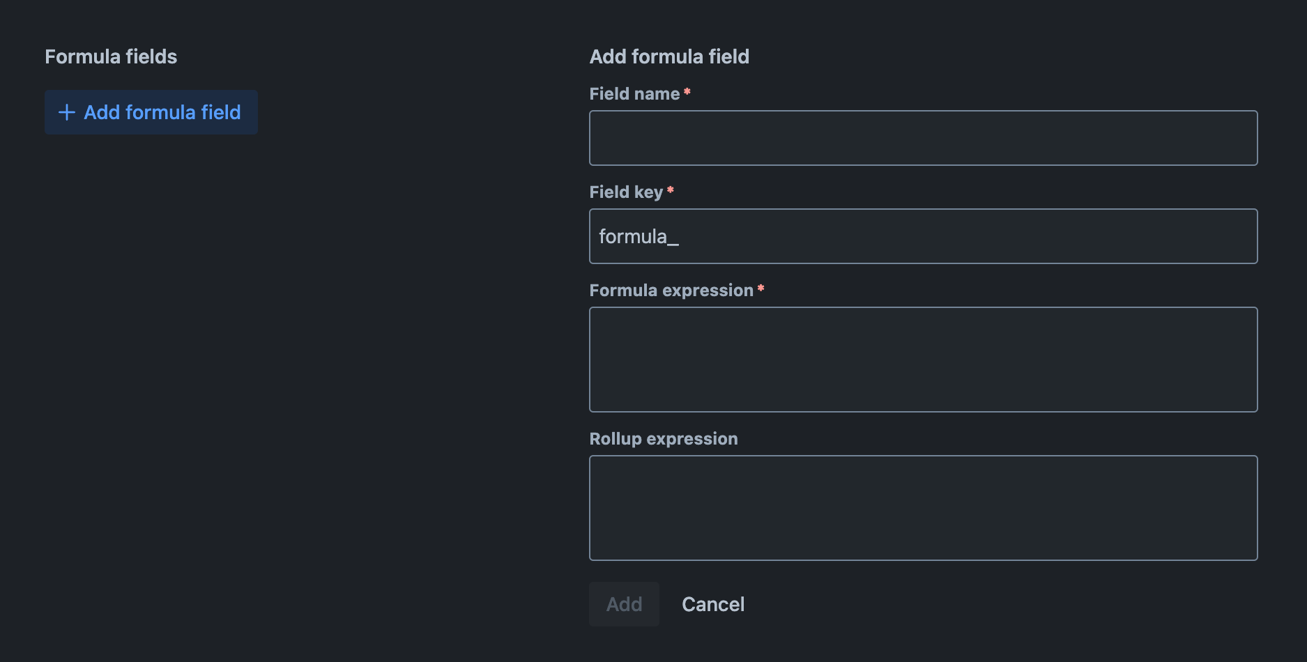 Formula fields tab with a new formula field being added