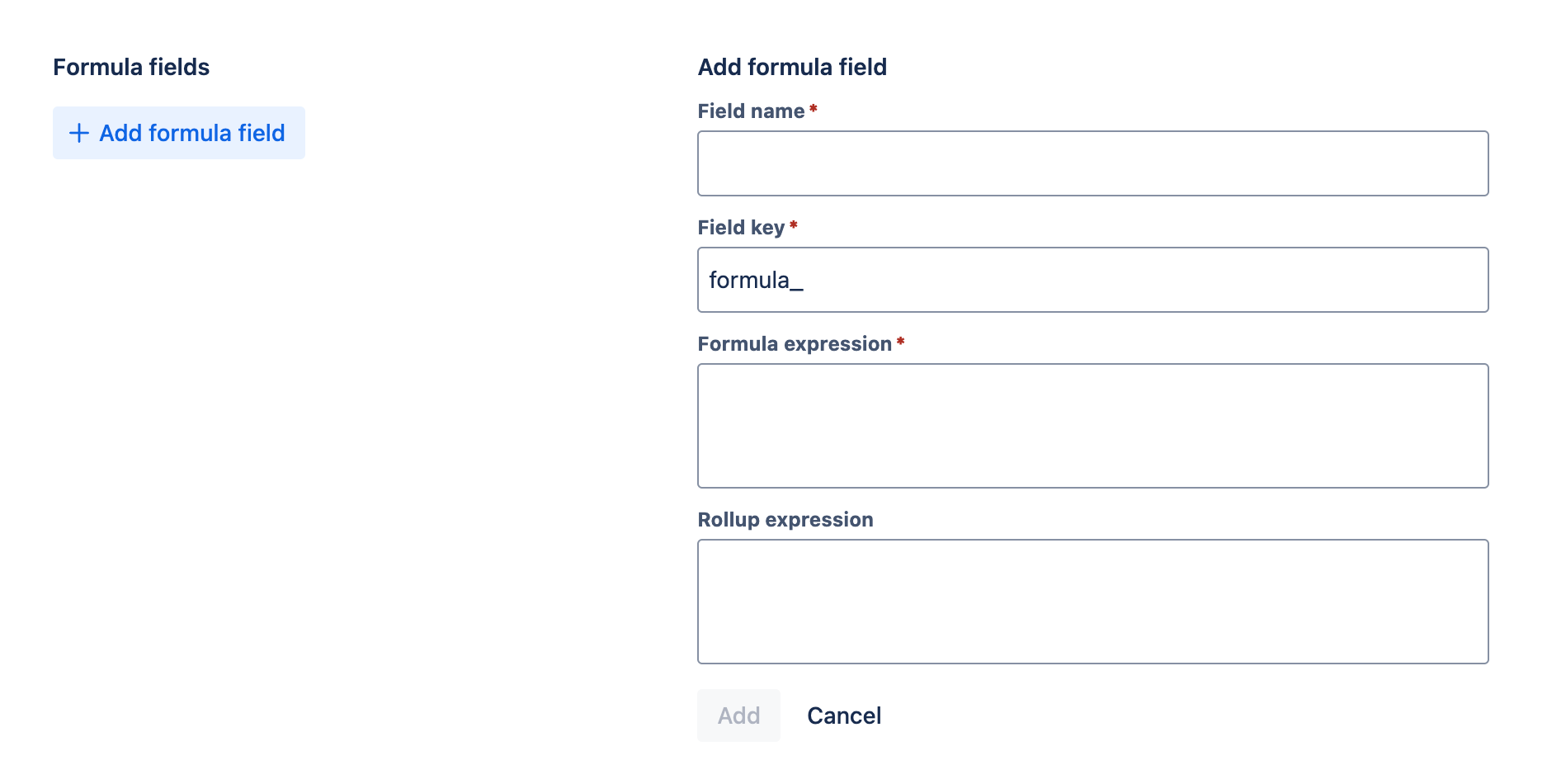 Formula fields tab with a new formula field being added