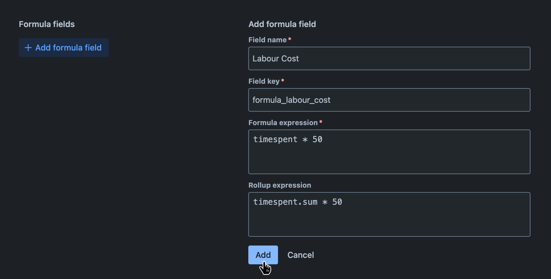 Formula fields tab with a new formula field being added and the 'Add' button hovered