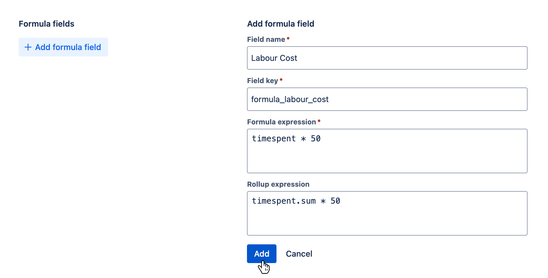 Formula fields tab with a new formula field being added and the 'Add' button hovered