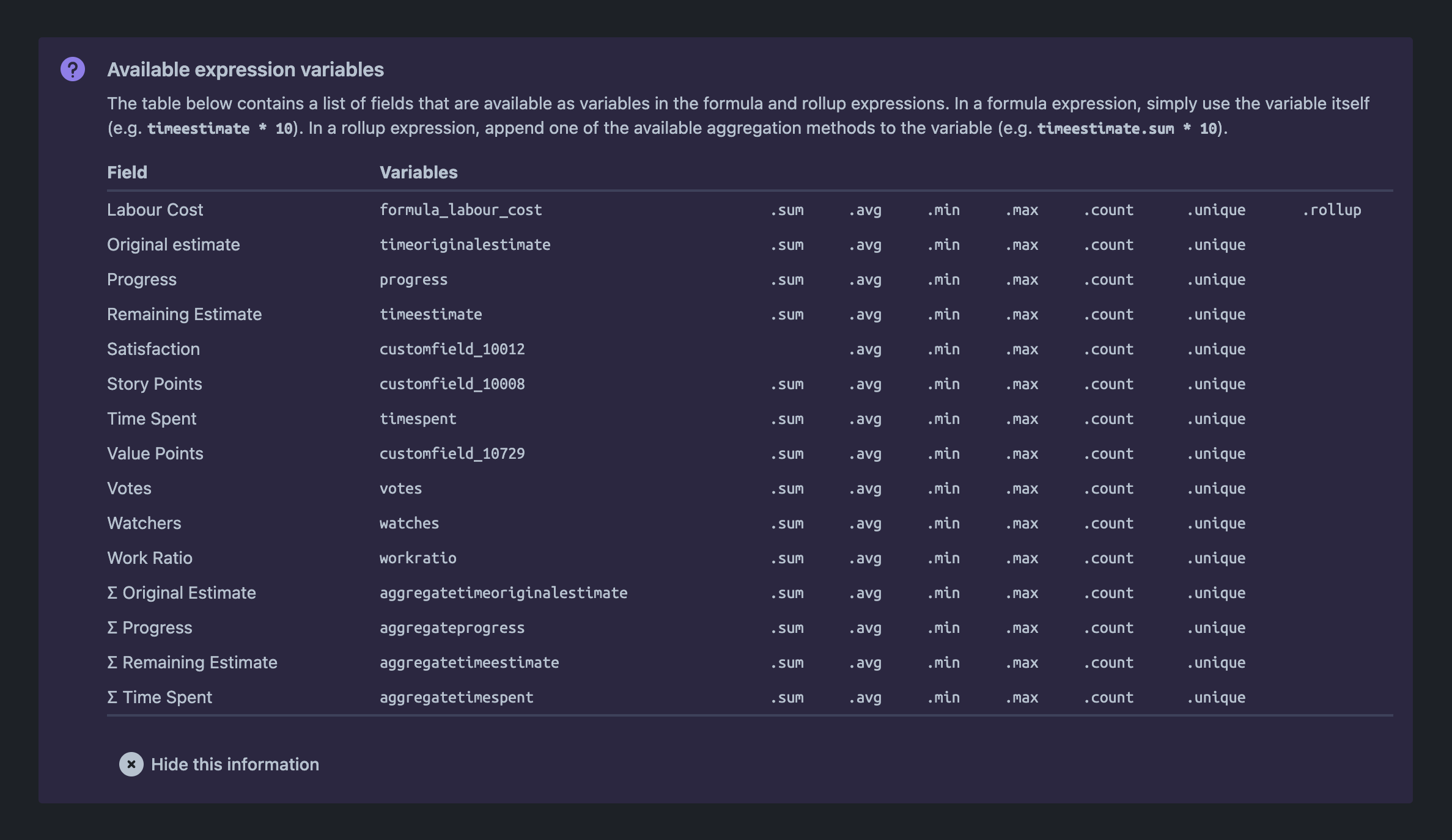 Available expression variables table showing supported fields