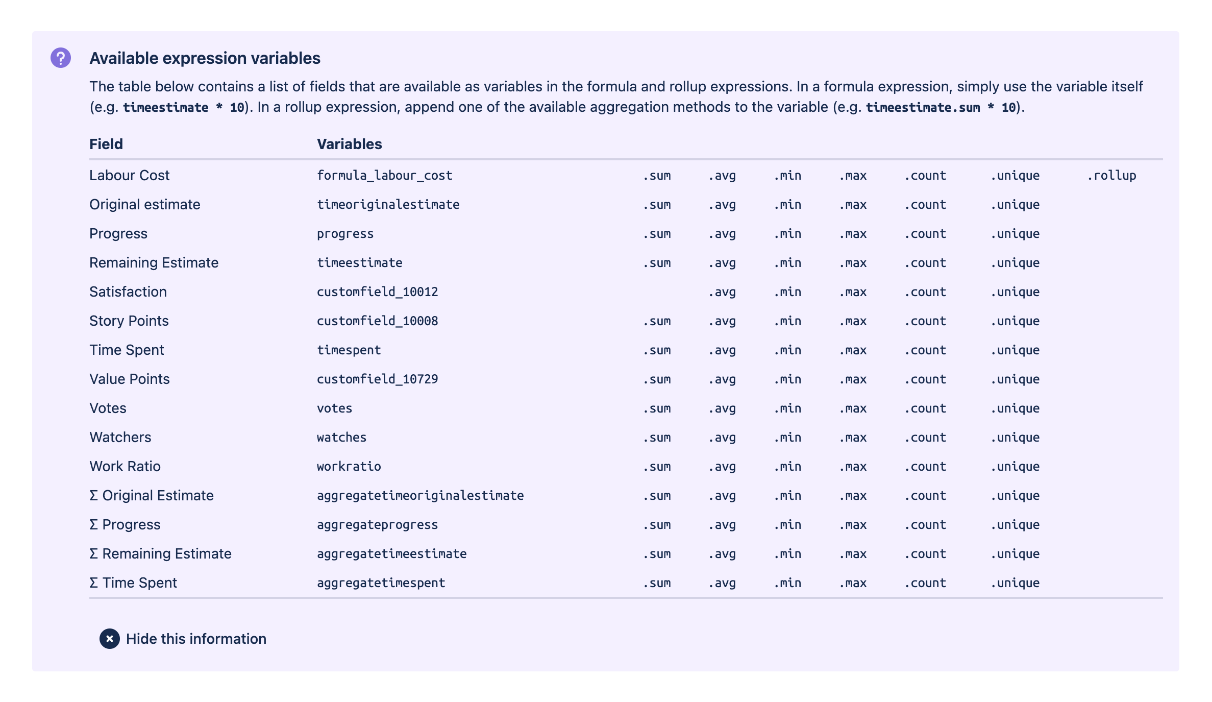 Available expression variables table showing supported fields