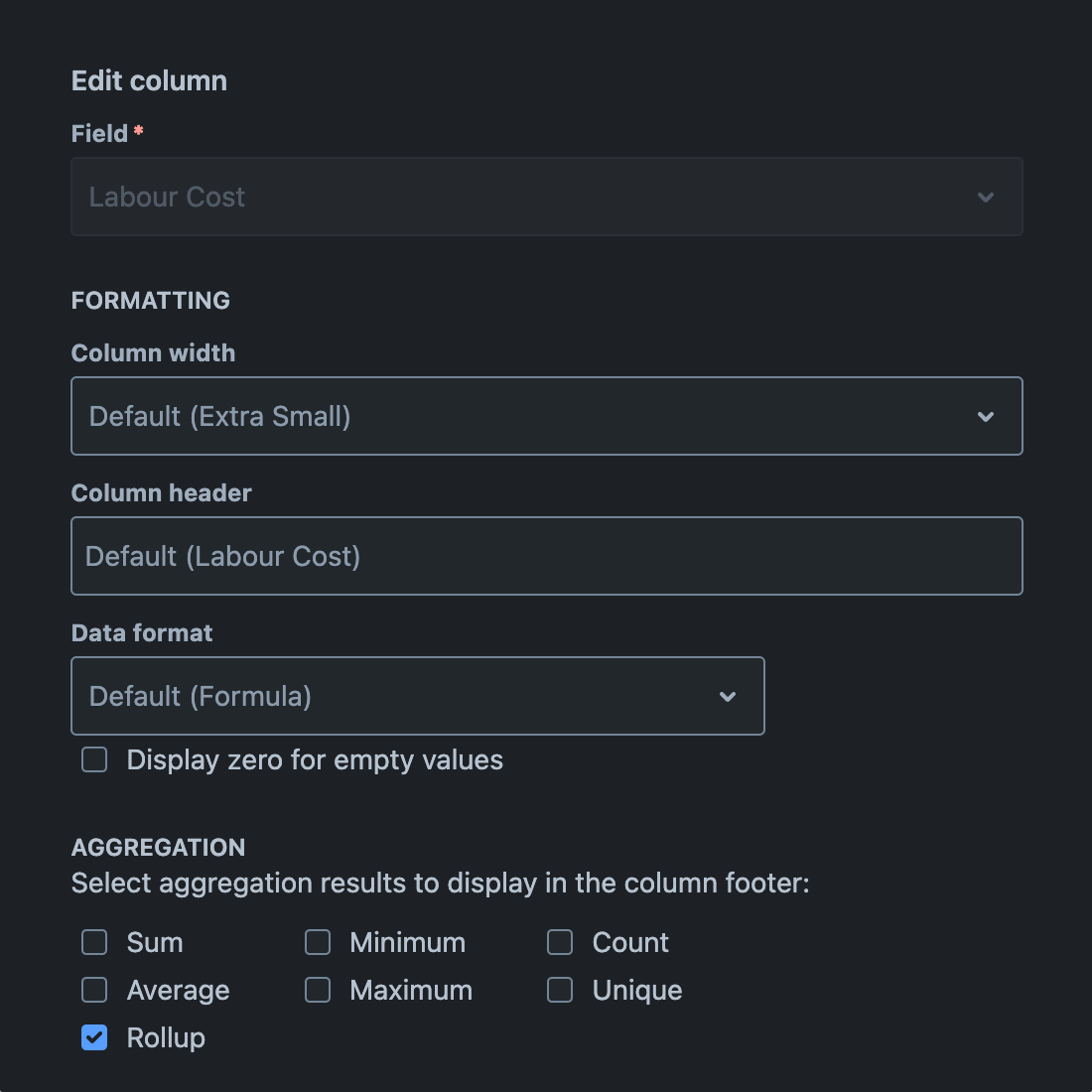 Column configuration showing rollup aggregation option for a formula field