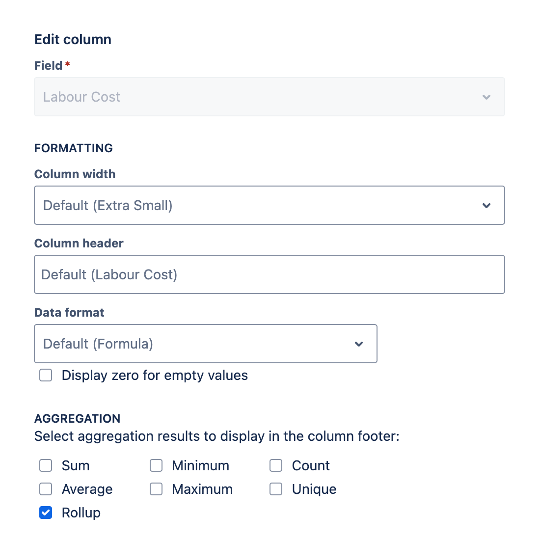 Column configuration showing rollup aggregation option for a formula field