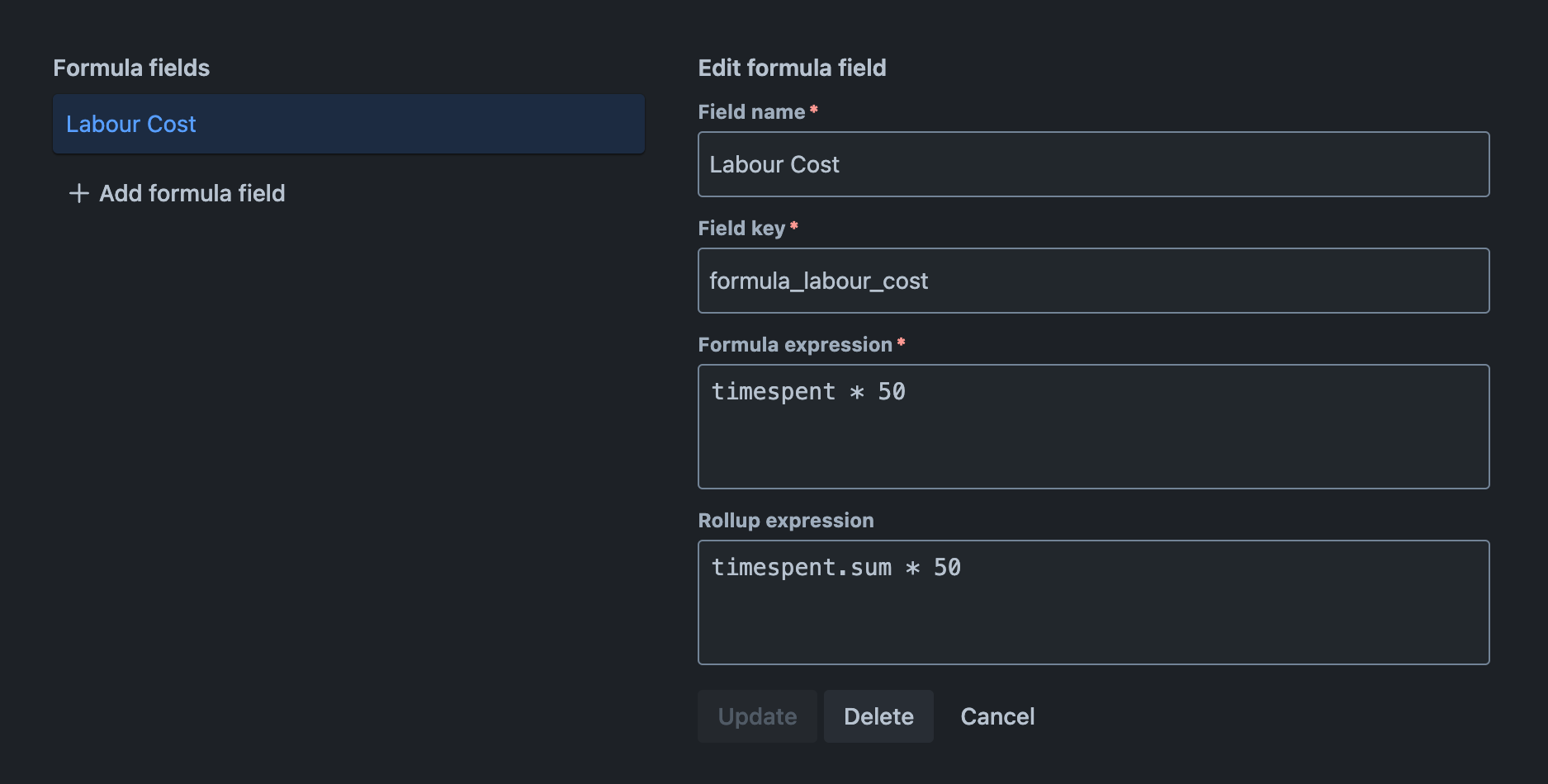 Formula fields tab with a new formula field added and the new formula field's settings displayed for editing