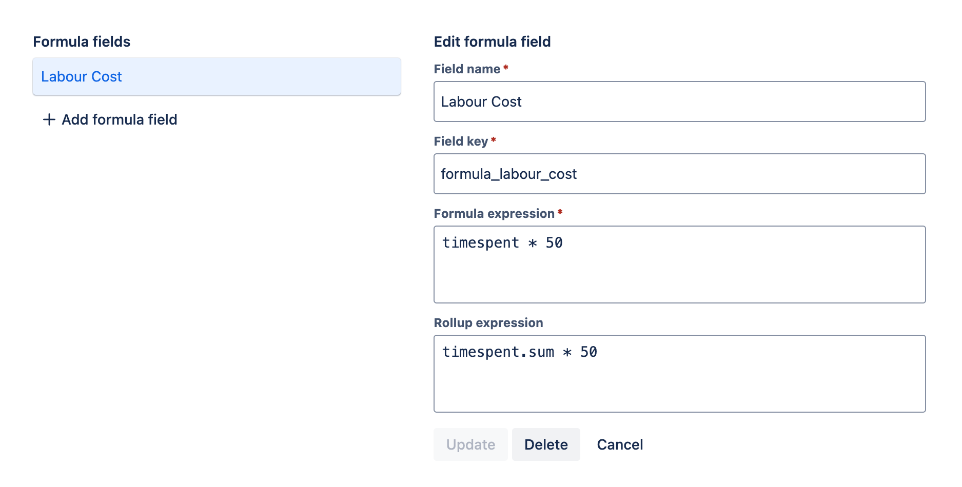 Formula fields tab with a new formula field added and the new formula field's settings displayed for editing