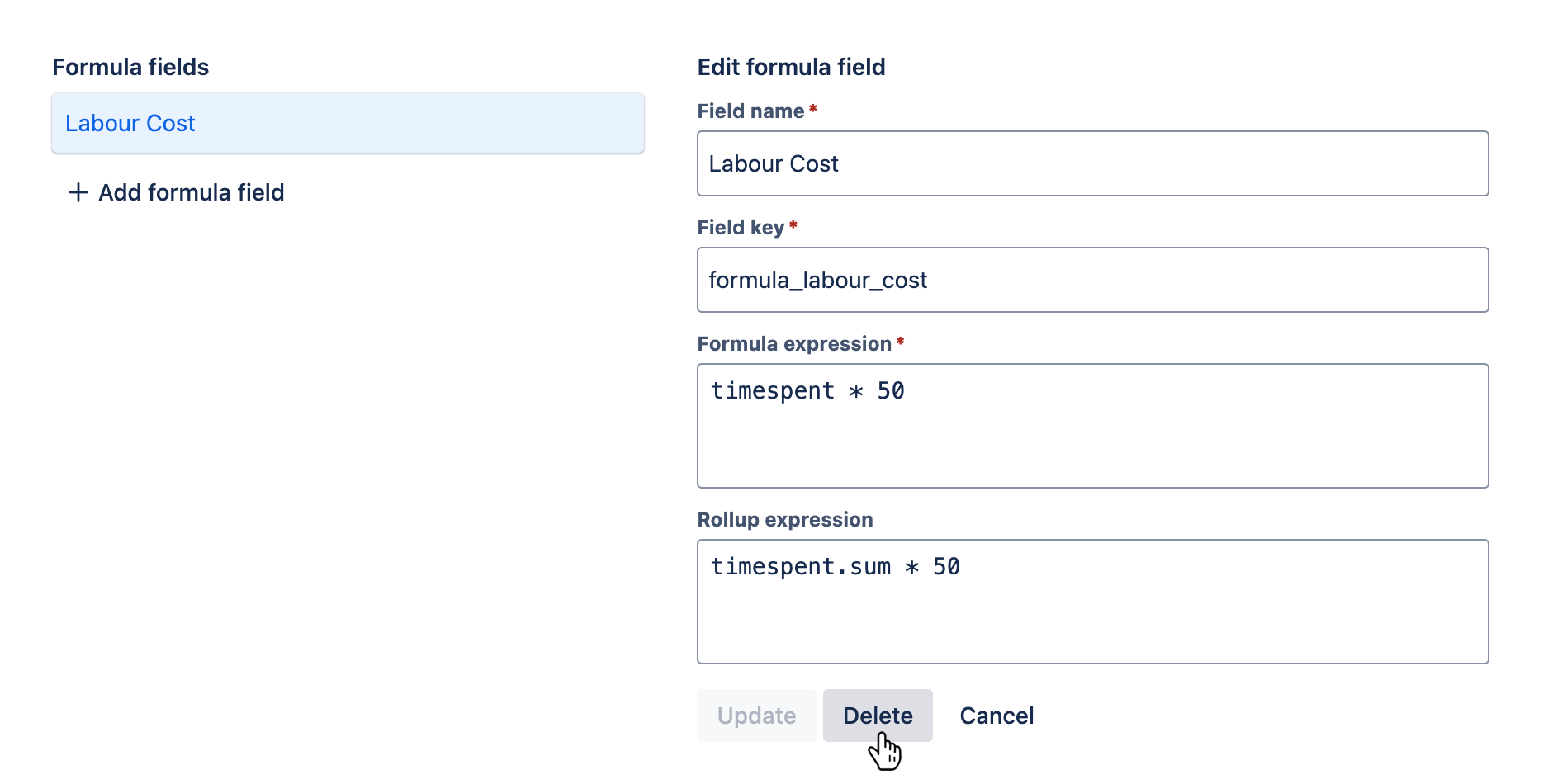 Formula fields tab with an existing formula field being edited and the 'Delete' button hovered