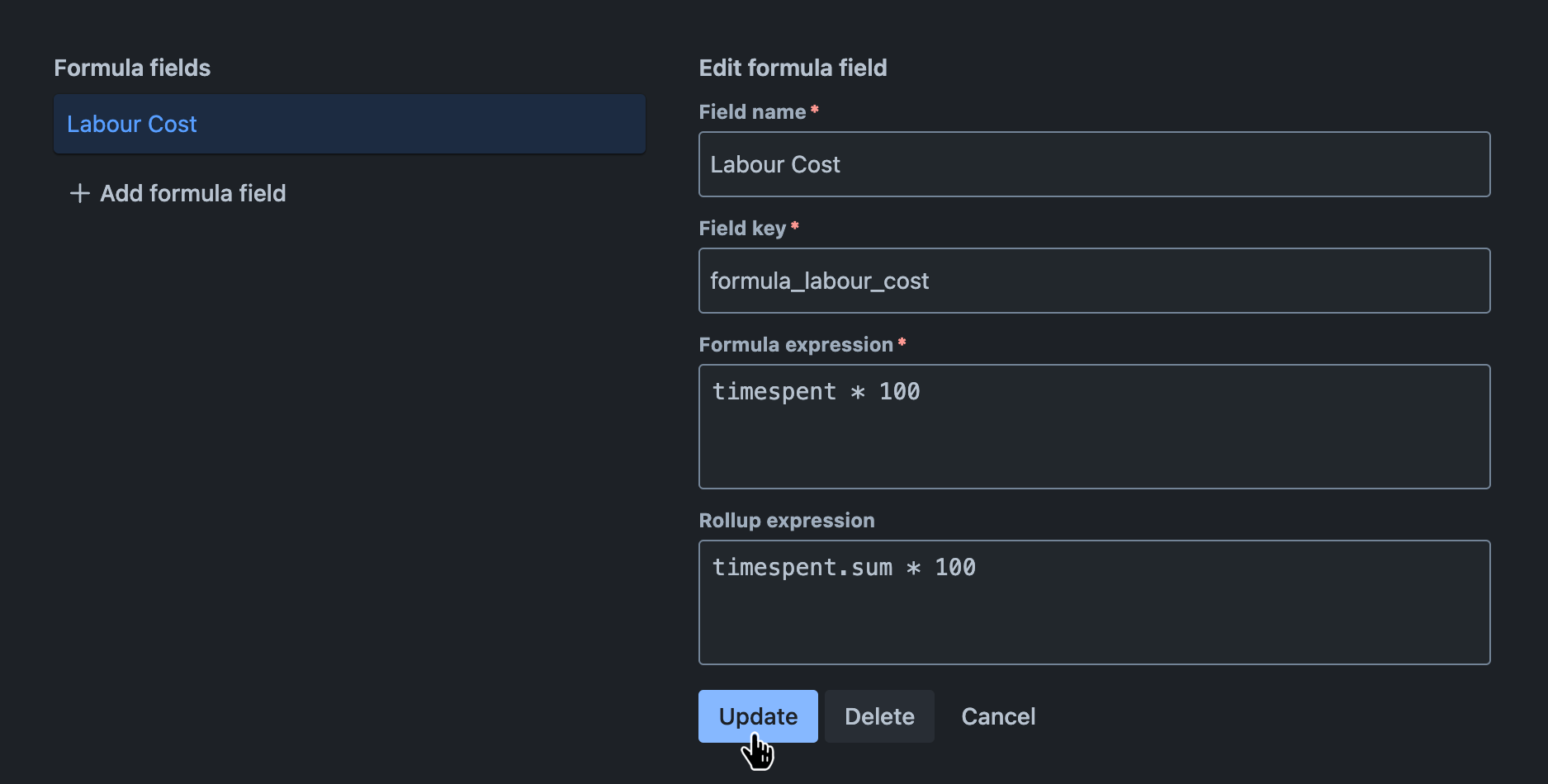 Formula fields tab with an existing formula field being edited and the 'Update' button hovered