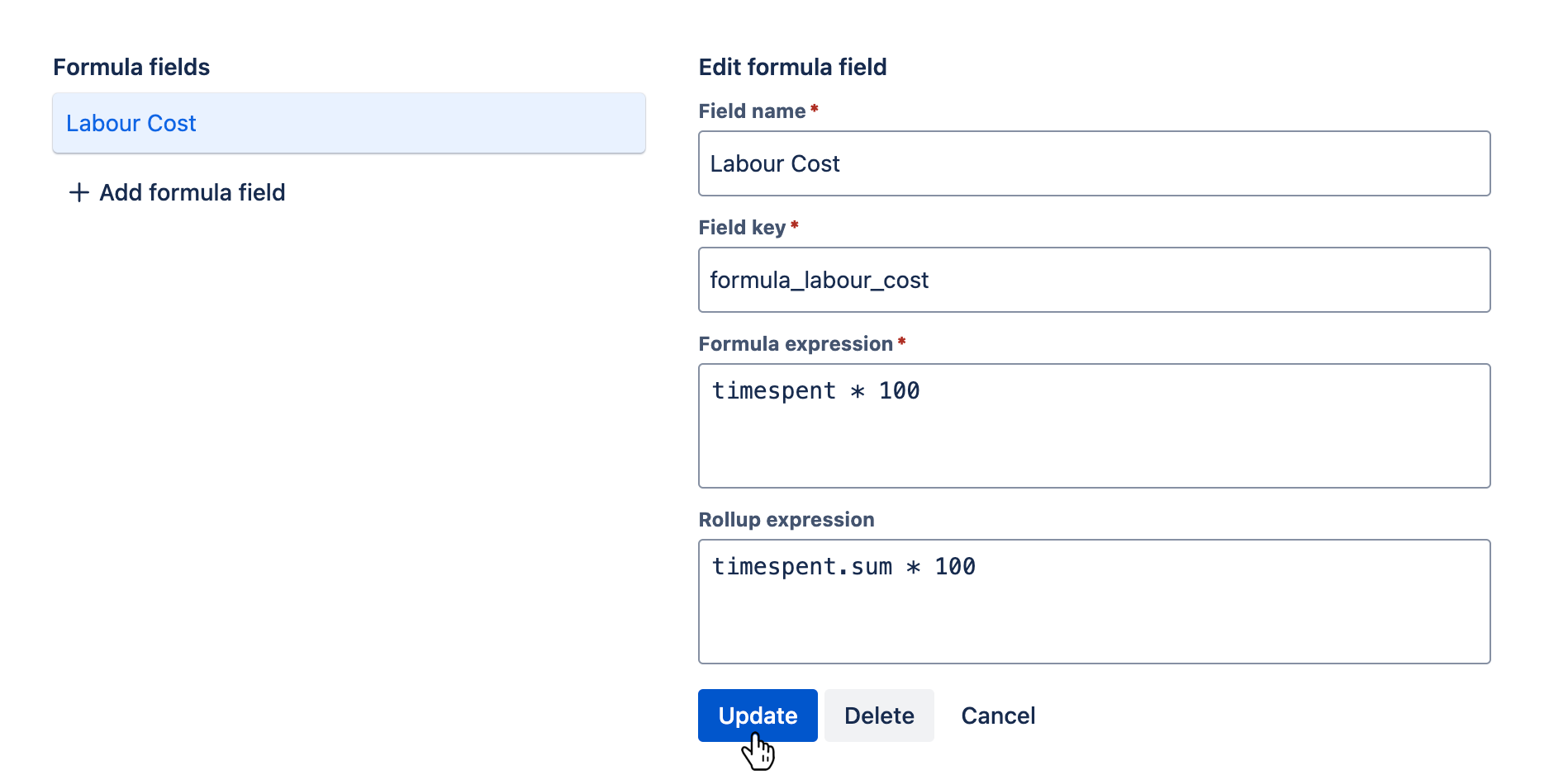 Formula fields tab with an existing formula field being edited and the 'Update' button hovered