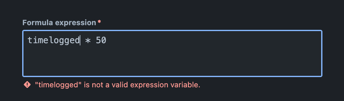 'Formula expression' field with an invalid expression populated and validation errors displayed