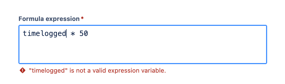 'Formula expression' field with an invalid expression populated and validation errors displayed