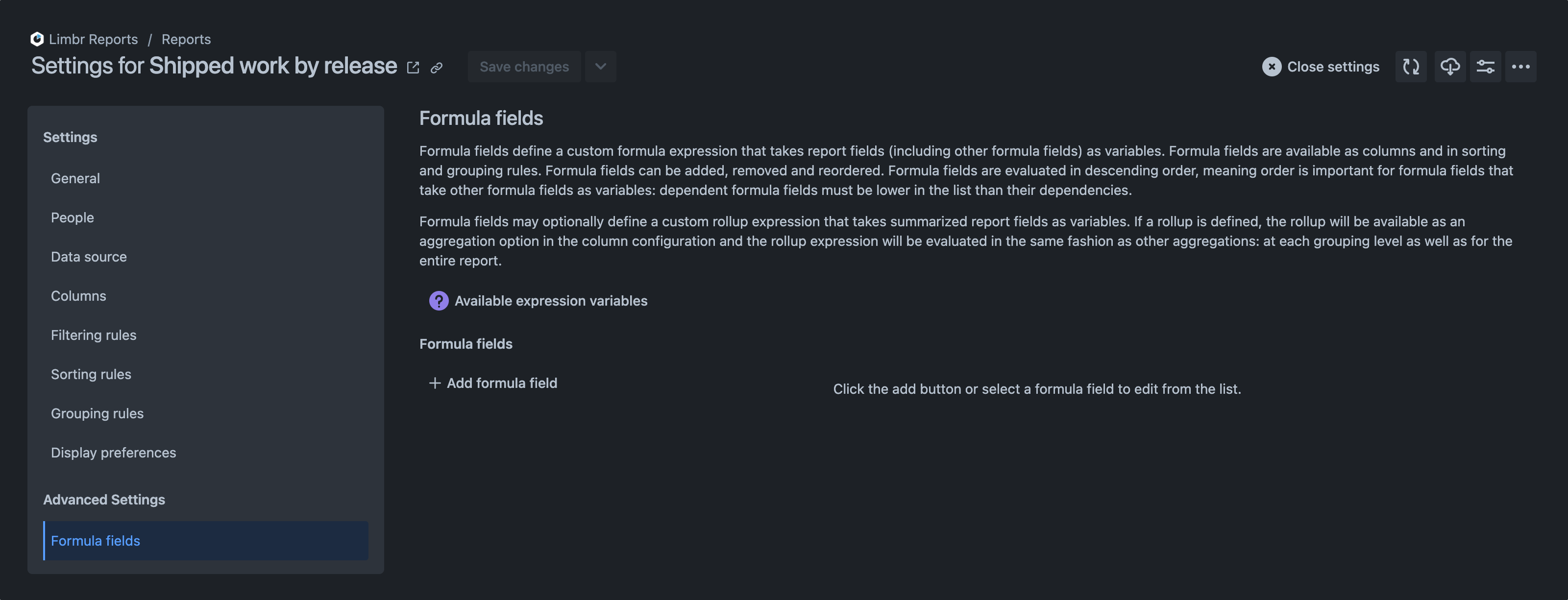 Settings pane with the 'Formula fields' tab selected