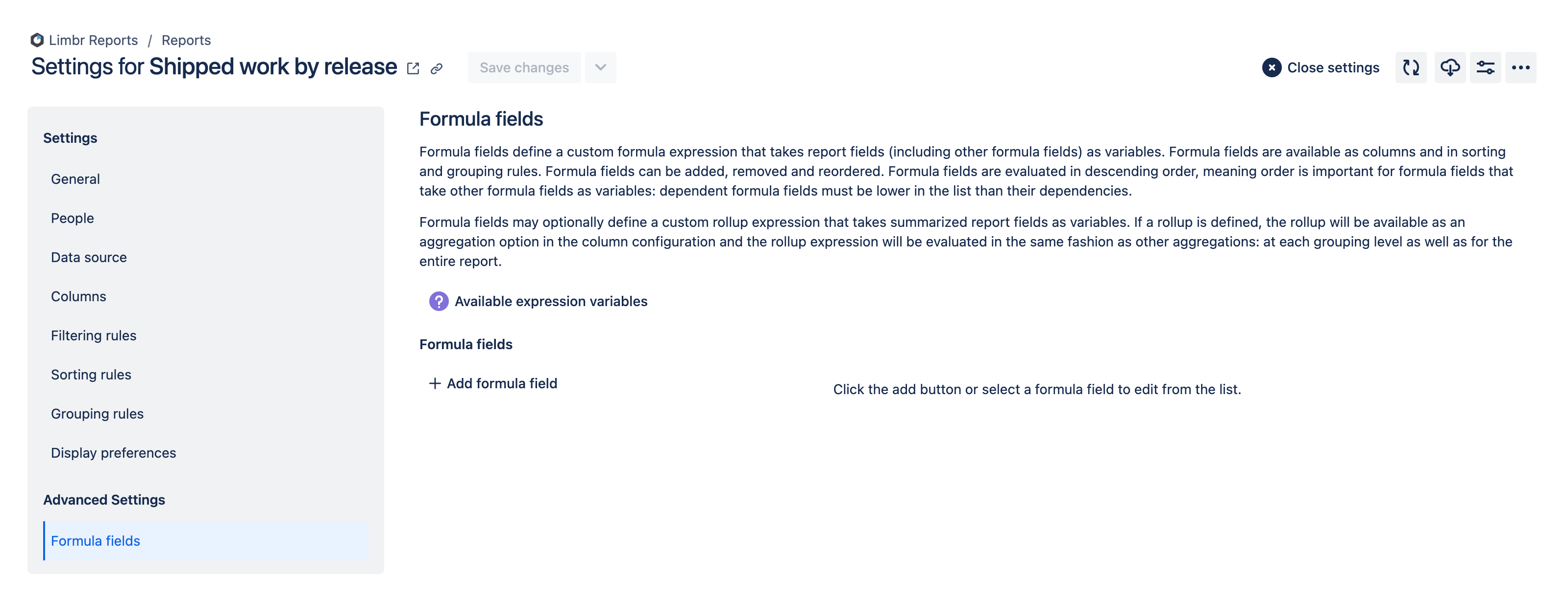 Settings pane with the 'Formula fields' tab selected