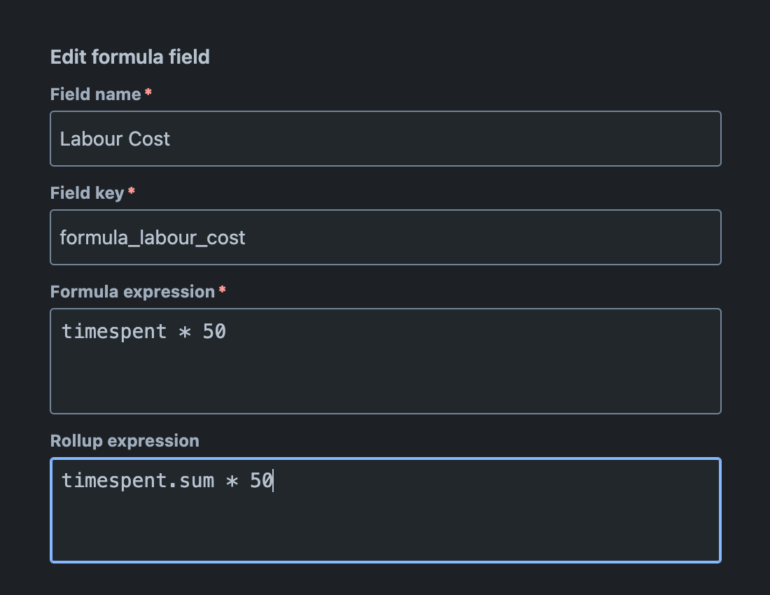 'Rollup expression' field with an expression populated