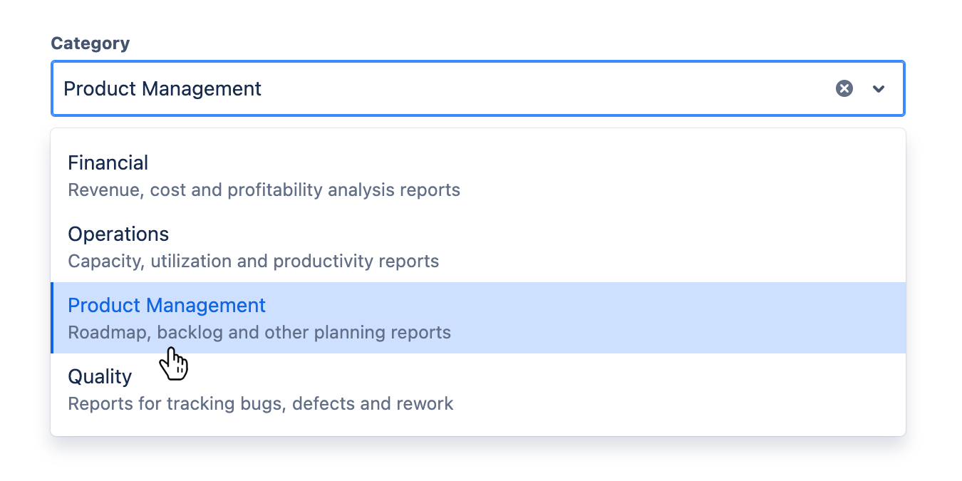 'Category' field with dropdown menu open and a category selected