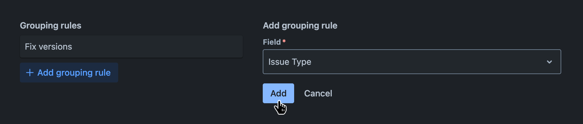 Grouping rules tab with a new grouping rule being added and the 'Add' button hovered