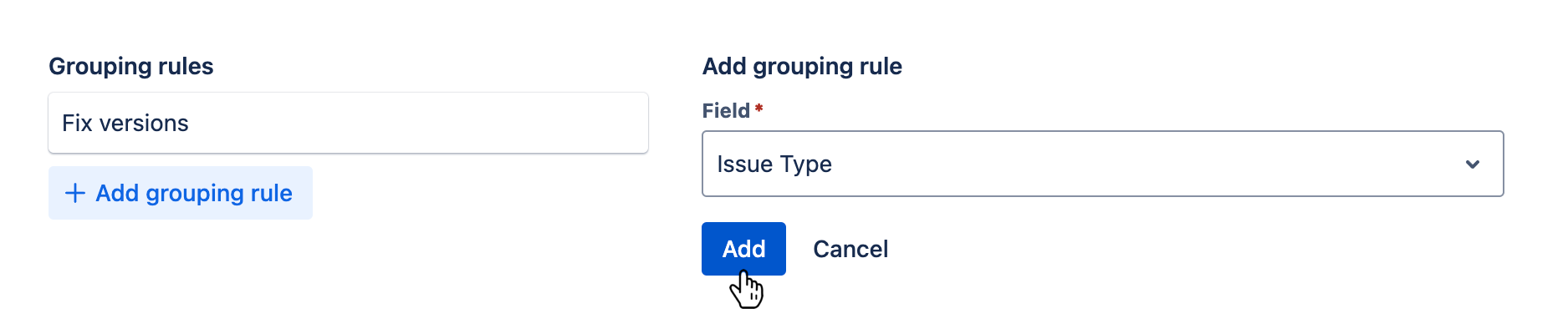 Grouping rules tab with a new grouping rule being added and the 'Add' button hovered