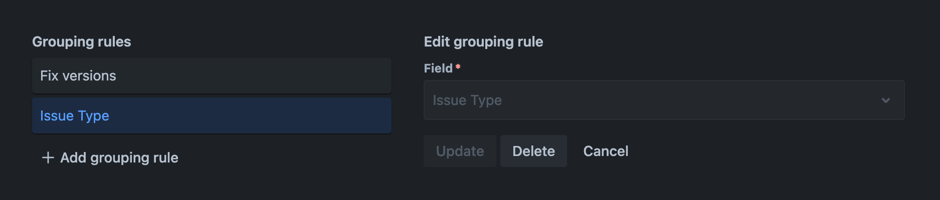 Grouping rules tab with a new grouping rule added and the new grouping rule's settings displayed for editing