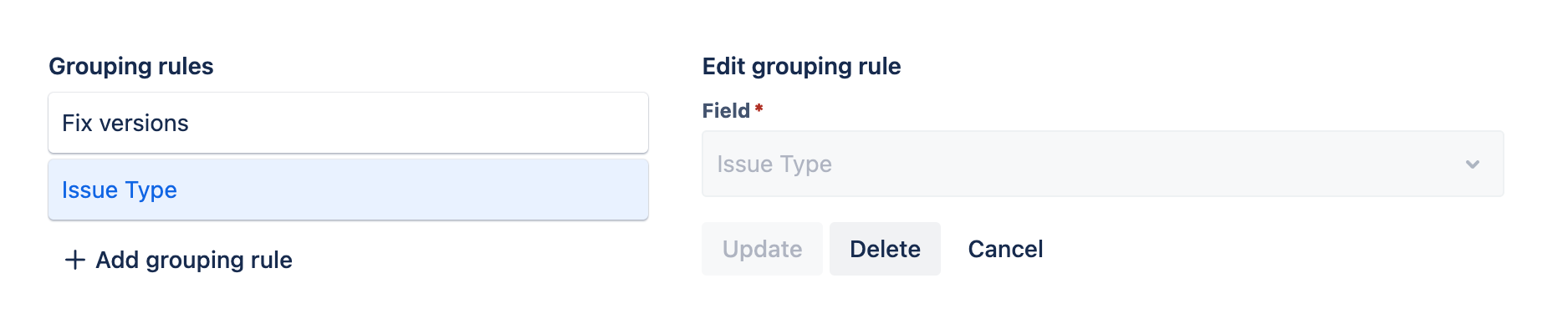 Grouping rules tab with a new grouping rule added and the new grouping rule's settings displayed for editing