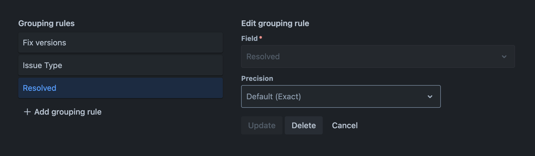 Grouping rules tab with an existing grouping rule being edited