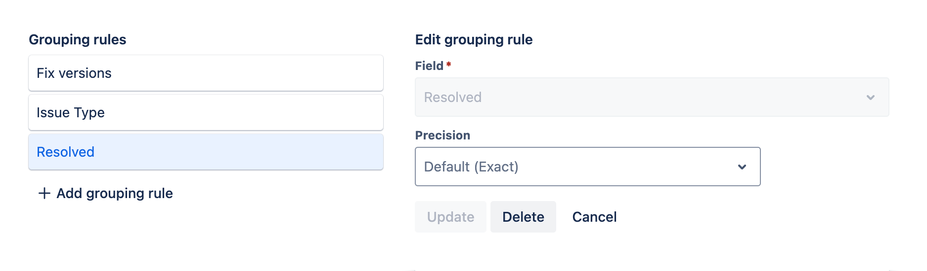 Grouping rules tab with an existing grouping rule being edited