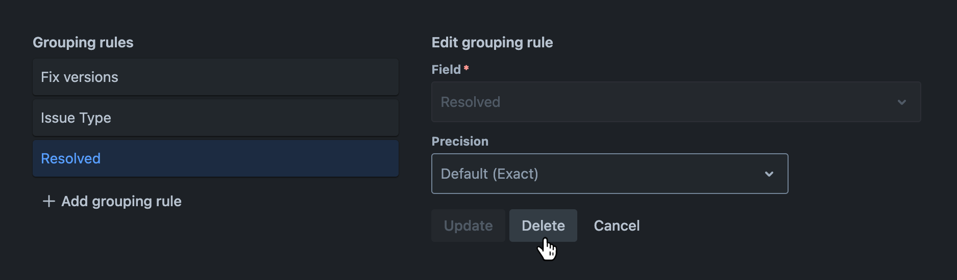 Grouping rules tab with an existing grouping rule being edited and the 'Delete' button hovered