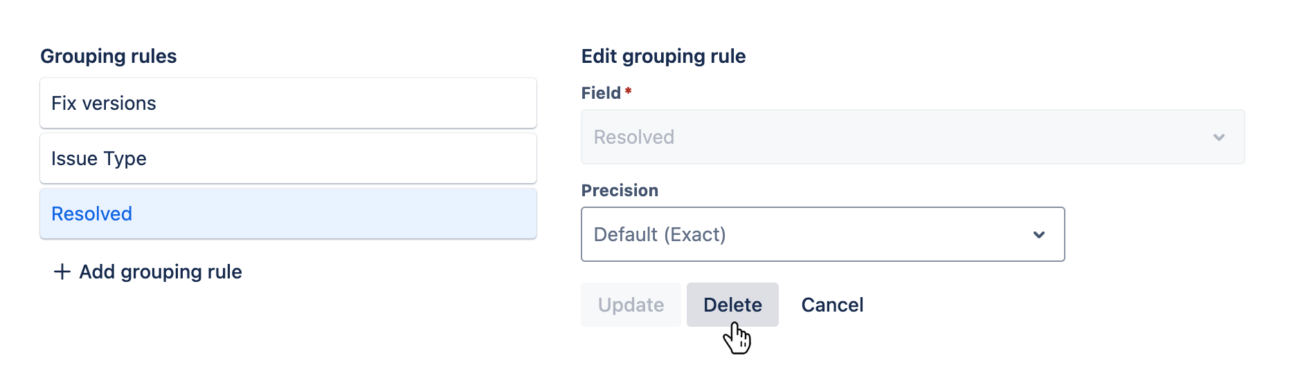 Grouping rules tab with an existing grouping rule being edited and the 'Delete' button hovered