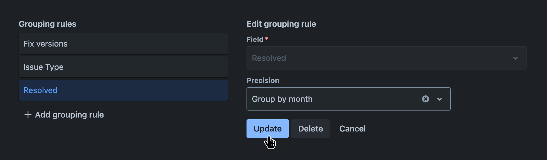 Grouping rules tab with an existing grouping rule being edited and the 'Update' button hovered