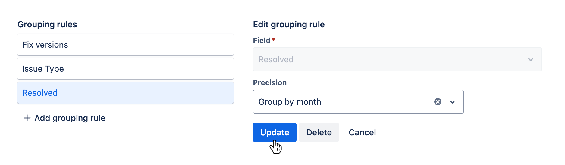 Grouping rules tab with an existing grouping rule being edited and the 'Update' button hovered