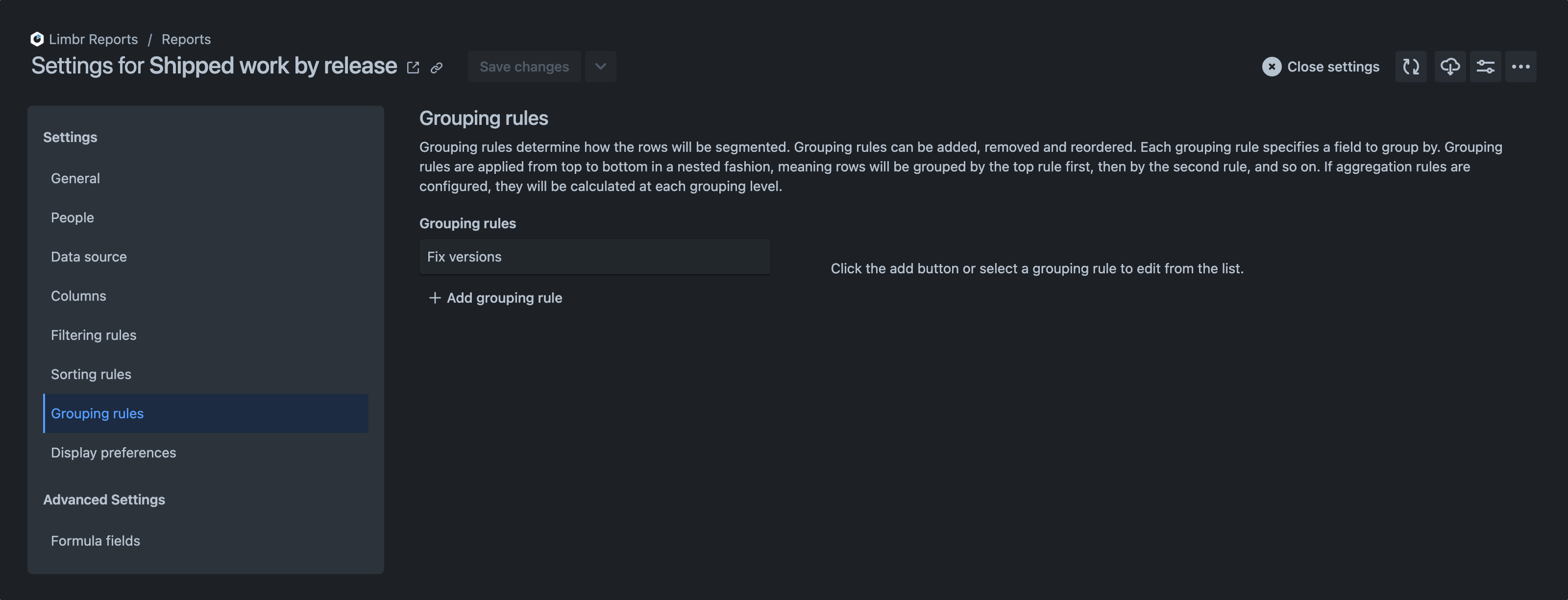 Settings pane with the 'Grouping rules' tab selected