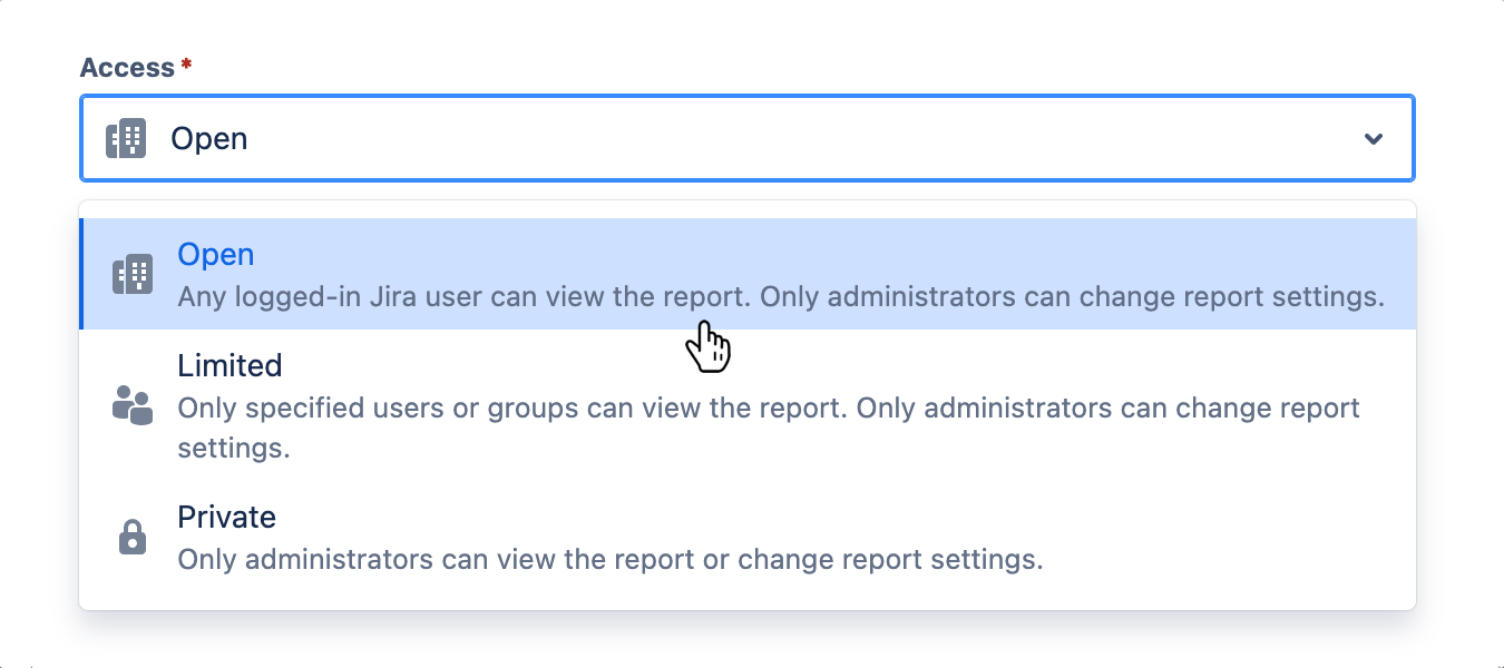 'Access' field with dropdown menu open and an access level selected