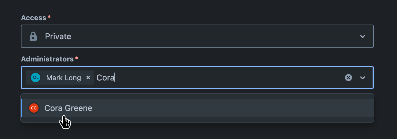 'Administrators' field with dropdown menu open and two users specified