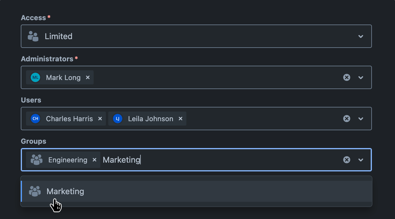 'Groups' field with dropdown menu open and two groups specified