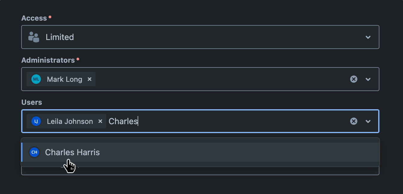 'Users' field with dropdown menu open and two users specified