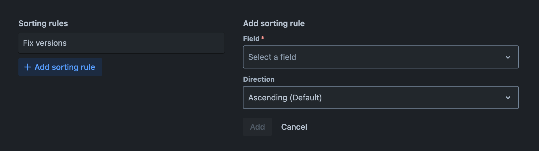 Sorting rules tab with a new sorting rule being added