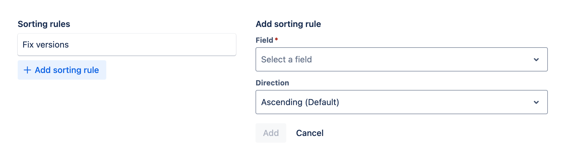 Sorting rules tab with a new sorting rule being added